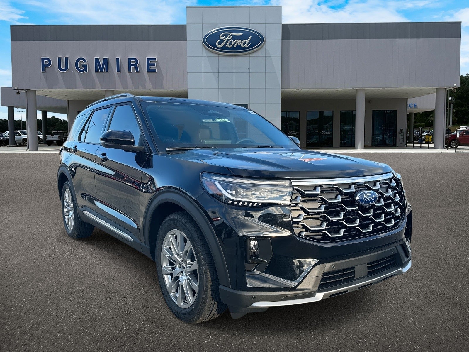 2026 Ford Explorer PLATINUM RWD in Agate Black Metallic — front three-quarter view